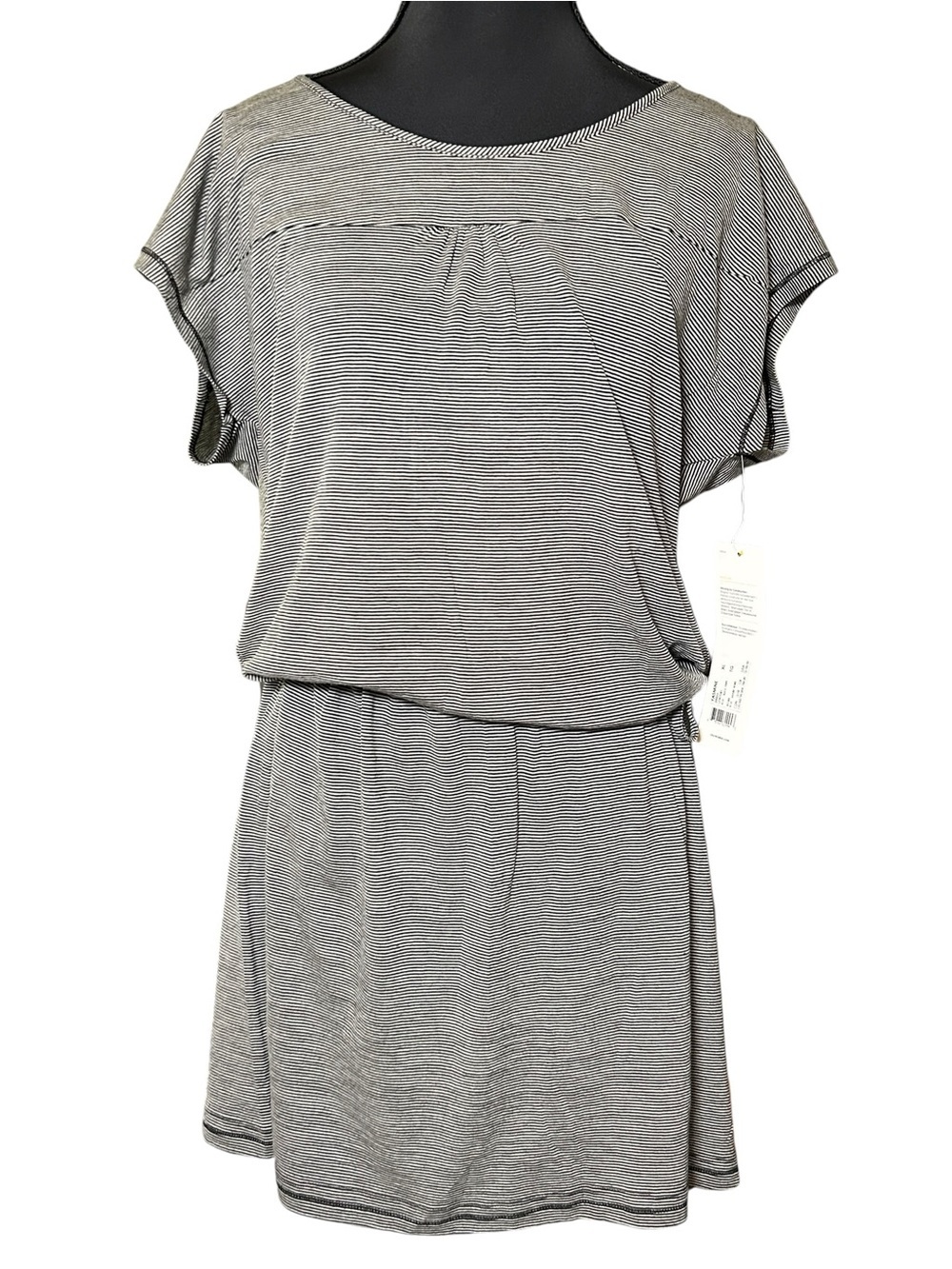 Lole Black & Gray Micro Stripe Merino Wool Blouson Mini Dress Size XL